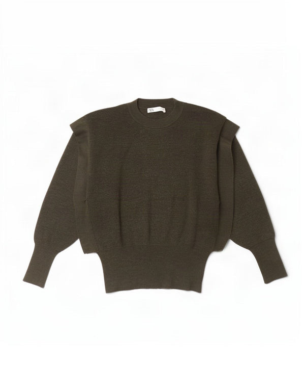 Zara Dame Batwing Crew Neck Jumper Sweater UK 10 Small Khaki Wool