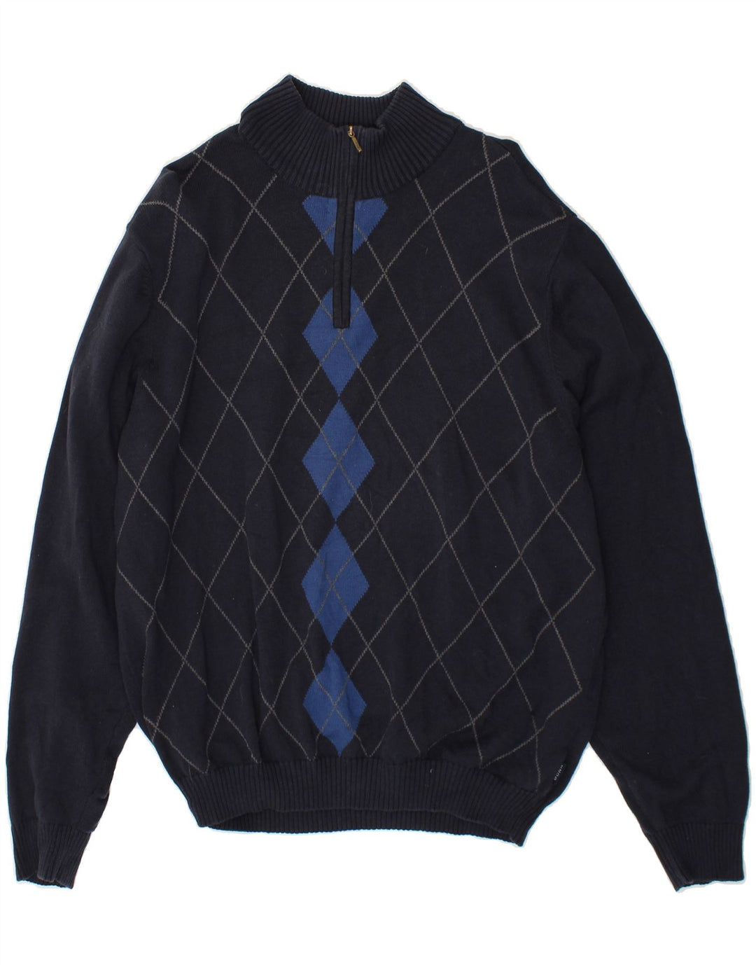 IZOD Mens Zip Neck Jumper Sweater Large Navy Blue Argyle/Diamond Cotton Vintage Izod and Second-Hand Izod from Messina Hembry 