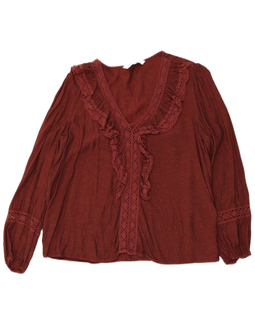 Zara Dame Flæse Front Langærmet Bluse Top UK 12 Medium Maroon