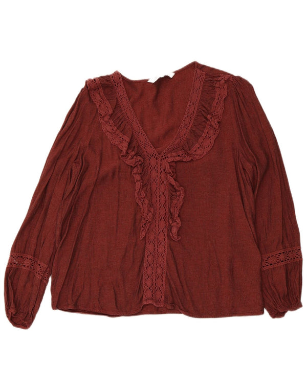 Zara Dame Flæse Front Langærmet Bluse Top UK 12 Medium Maroon