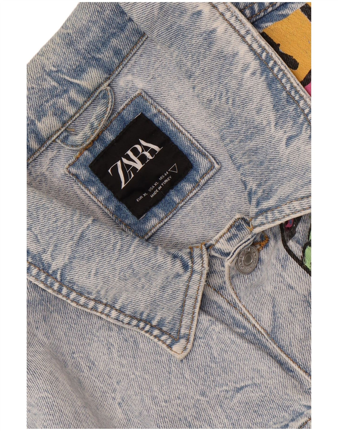 Zara Herre Distressed Graphic Denim Jacket UK 42 XL Blå