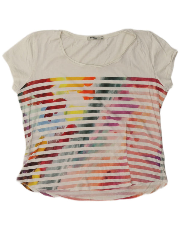 Desigual Womens Regular Graphic T-Shirt Top UK 18 XL Hvidstribet bomuld
