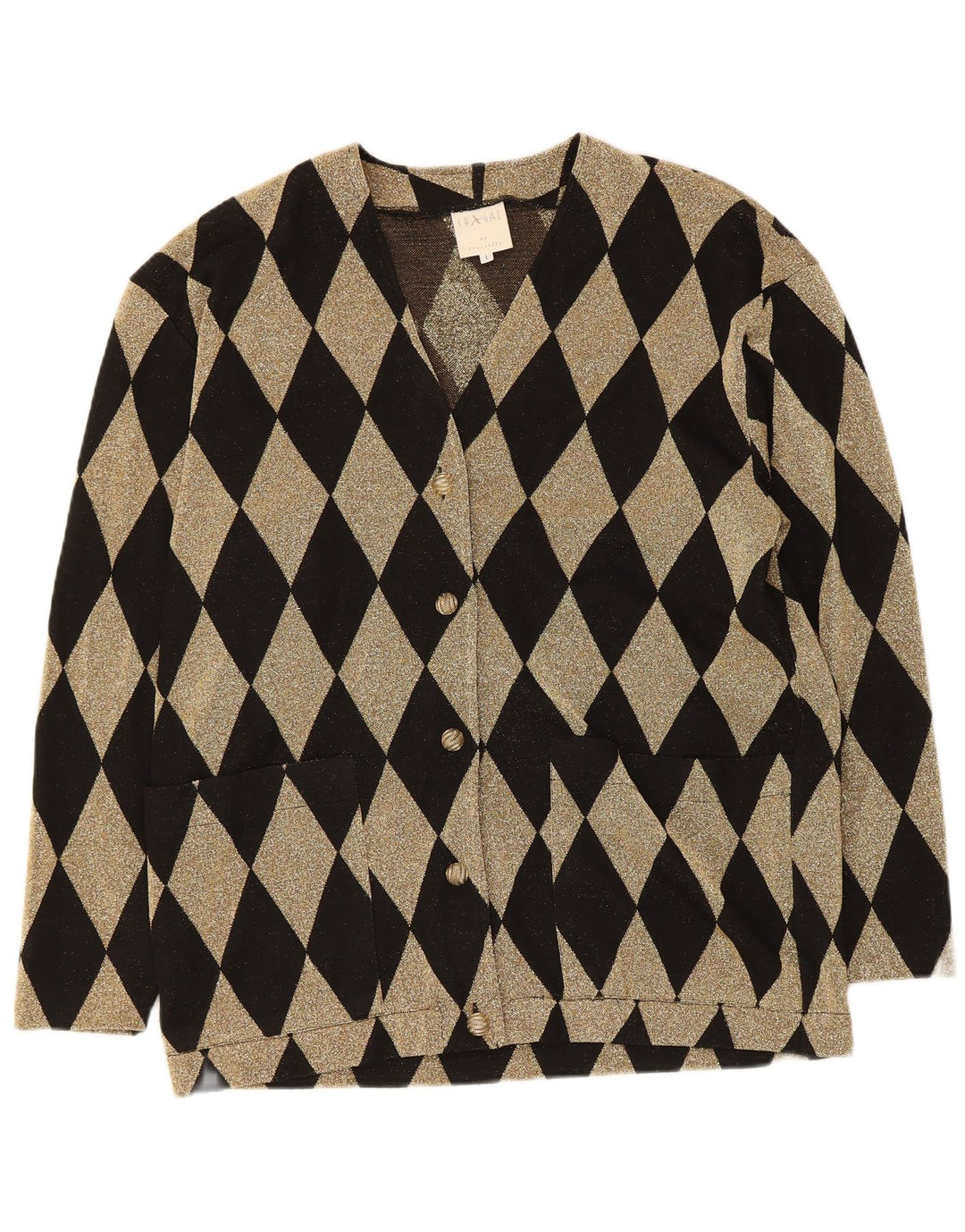Vintage Kvinders Oversized Cardigan Sweater UK 16 Large Black Argyle/Diamond