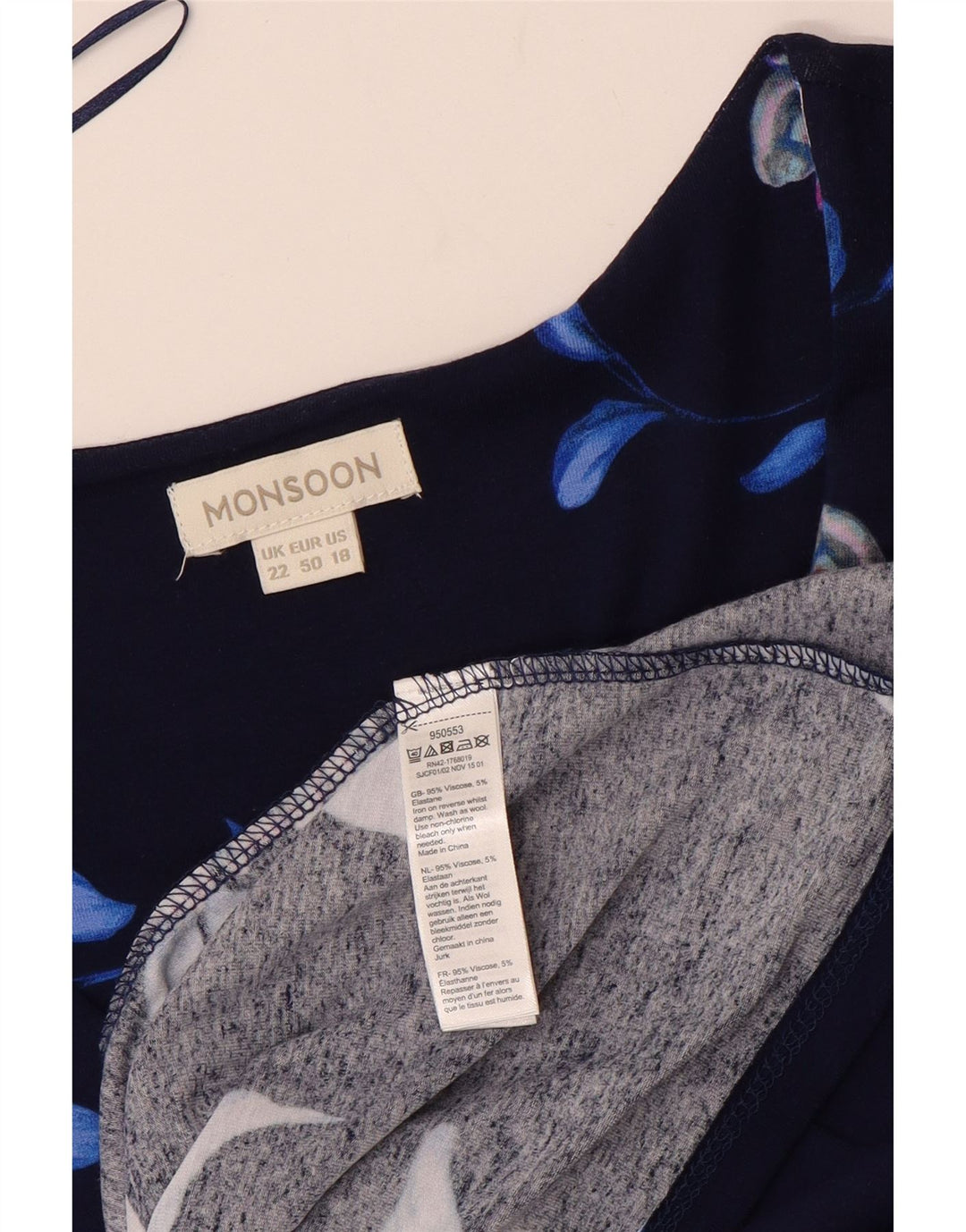 MONSOON Dame Ærmeløs A-Line Kjole UK 22 3XL Navy Blue Floral Viscose