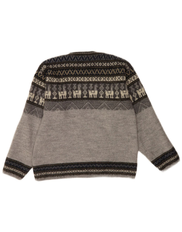 Artesanias Dame Boat Neck Jumper Sweater UK 10 Small Grey Fair Isle Wool