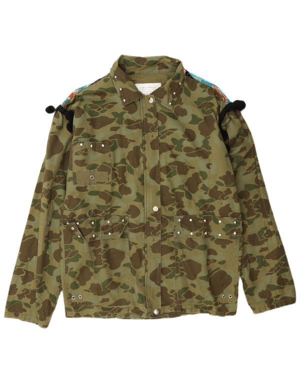 Zara Womens Oversized Military Jacket UK 6 XS Khaki Camouflage Cotton