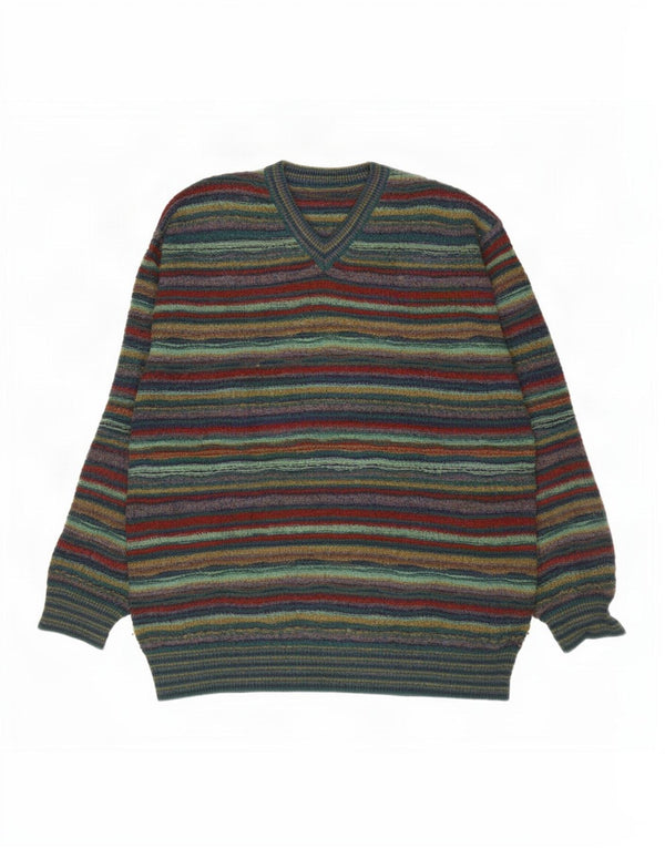 Vintage herre V-hals sweater stor grøn stribet uld
