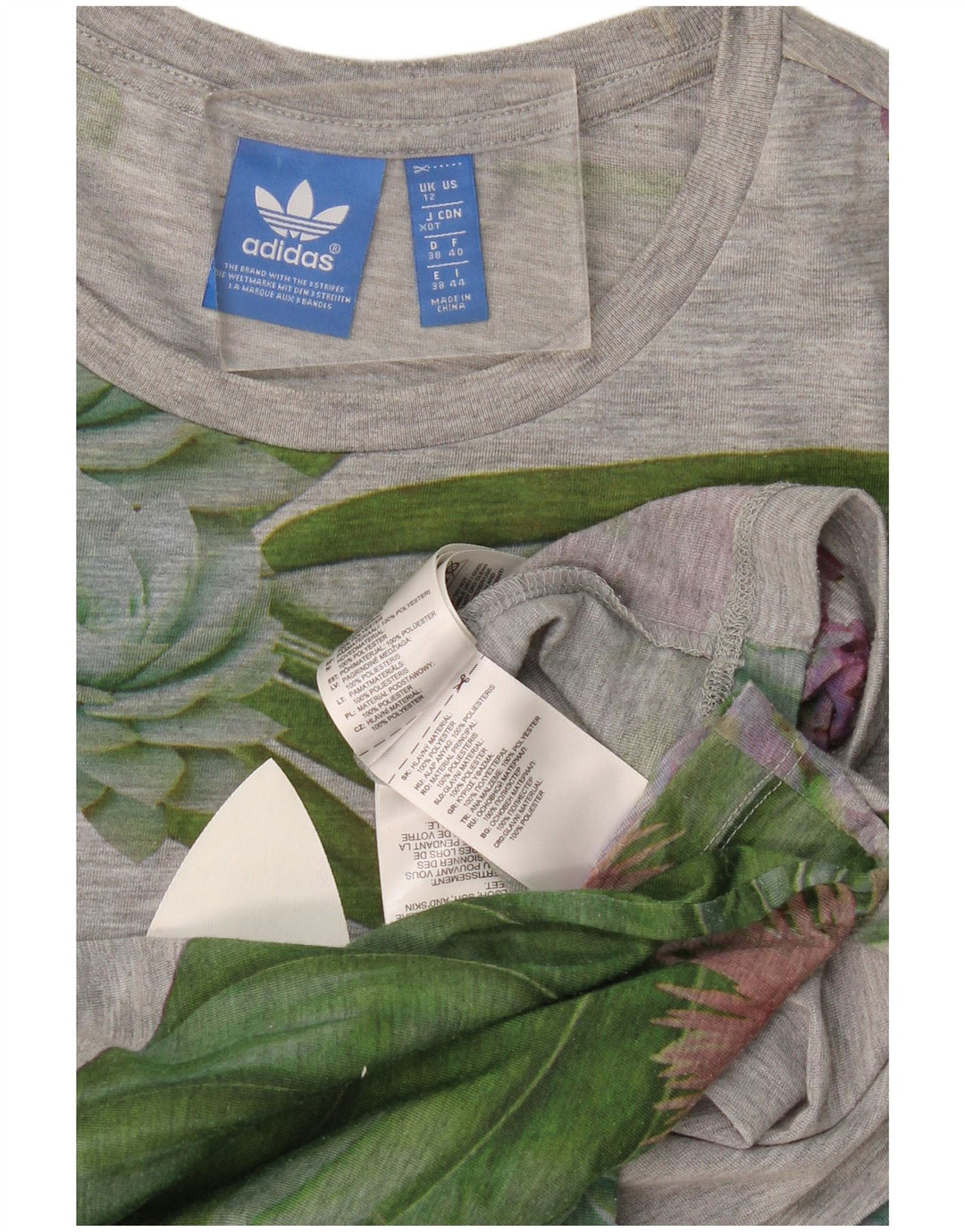 Adidas Grafisk T-Shirt Top UK 12 Medium Grey Floral Polyester