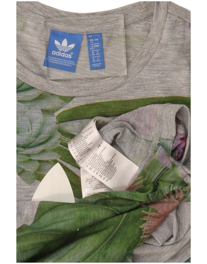 Adidas Grafisk T-Shirt Top UK 12 Medium Grey Floral Polyester