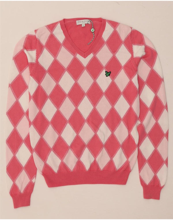 Lyle & Scott Dame V-hals sweater UK 10 Small Pink Argyle/Diamond