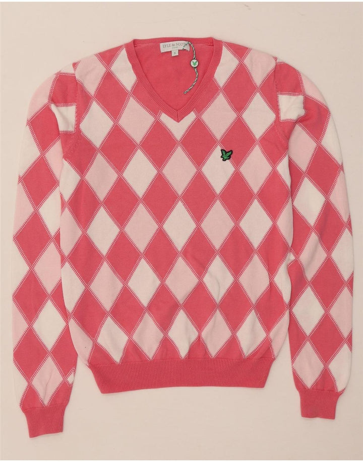 Lyle & Scott Dame V-hals sweater UK 10 Small Pink Argyle/Diamond
