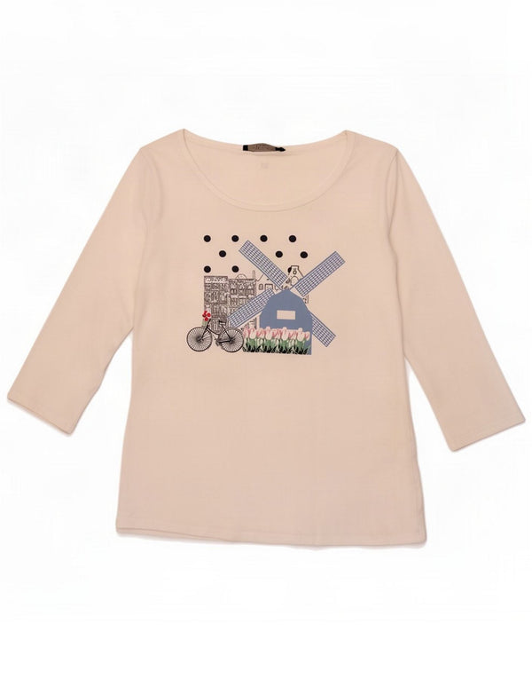 Max Mara Dame Grafisk Top 3/4 ærmer UK 14 Medium Hvid