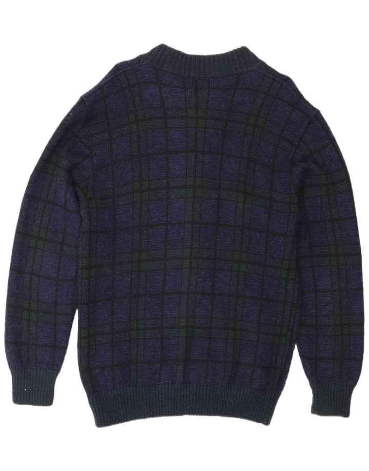 Vintage herre cardigan sweater Medium marineblå ternet polyakryl