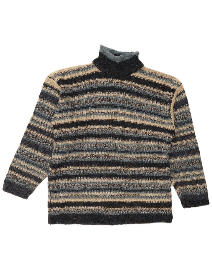Vintage Herre Turtle Neck Jumper Sweater Medium Marineblå stribet akryl