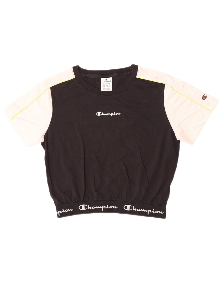 Champion Womens Crop Grafisk T-Shirt Top UK 12 Medium Black Colourblock