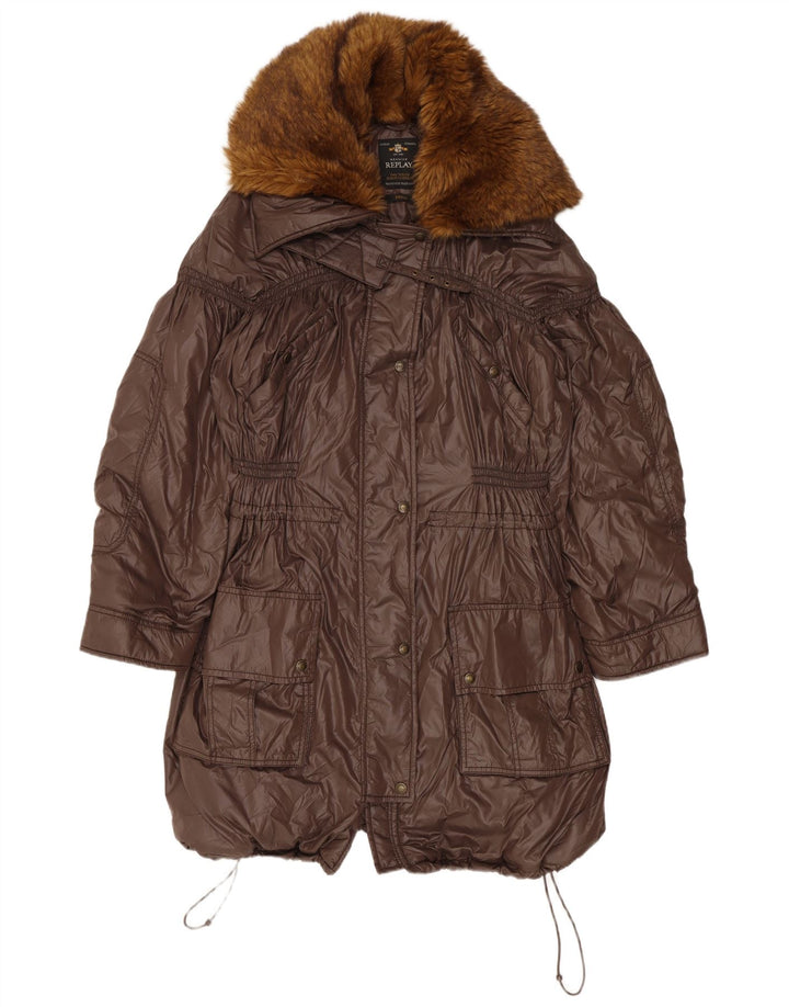 Replay Dame Hooded Oversized Windbreaker Coat UK 10 Small Brown Polyamide