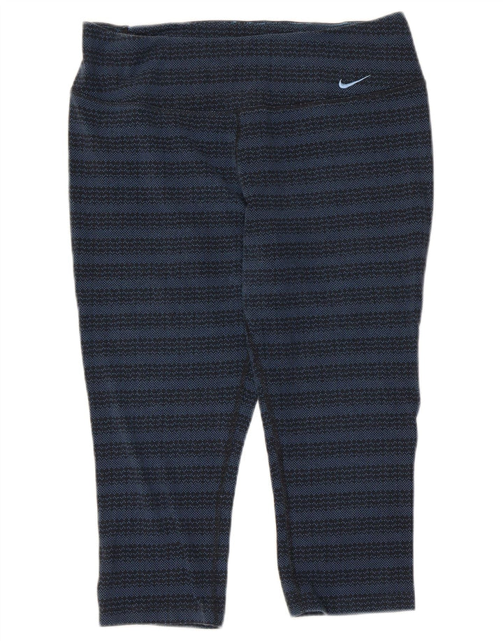 NIKE Dame Dri Fit Capri Leggings UK 14 Stor marineblå stribet bomuld