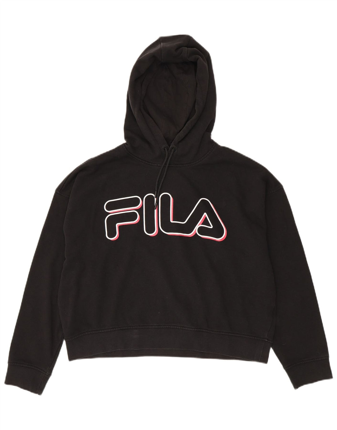FILA Womens Oversized Graphic Crop Hoodie Jumper UK 14 Medium Black Vintage Fila and Second-Hand Fila from Messina Hembry 