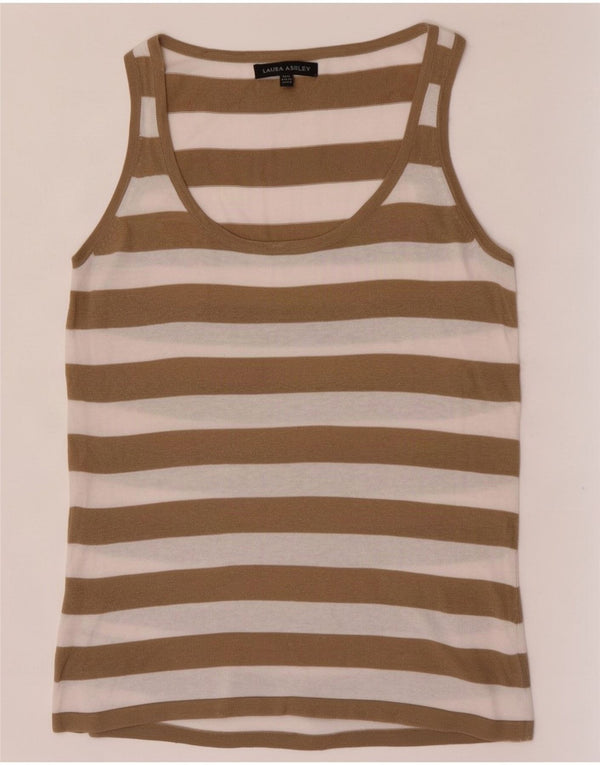 Laura Ashley Dame See Through Vest Top UK 12 Medium Khaki Stribet Bomuld