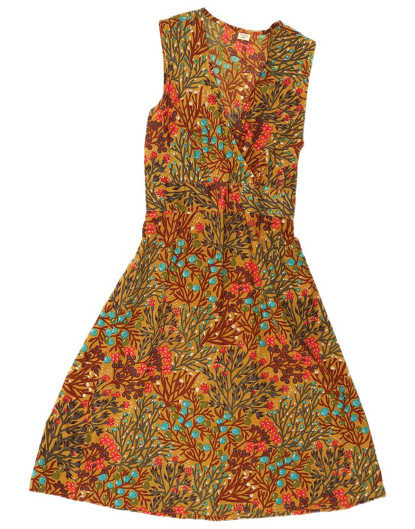 Vintage Kvinders Ærmeløs A-Line Kjole UK 10 Small Khaki Floral Bomuld