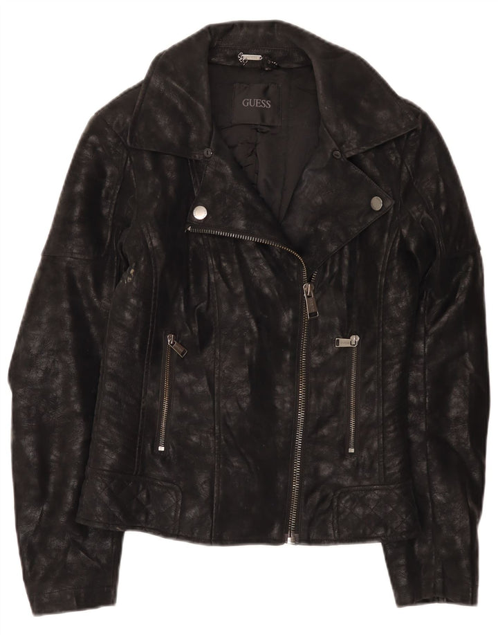 Guess Womens Biker-jakke i imiteret læder UK 4 XS sort polyurethan