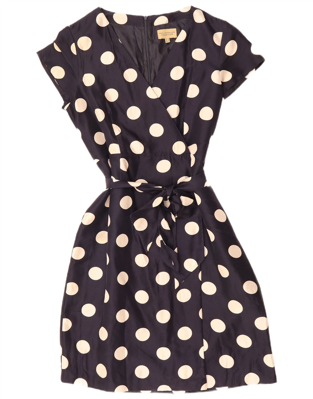 PAUL COSTELLOE Dame A-Line Kjole UK 16 Large Navy Blue Polka Dot Silke