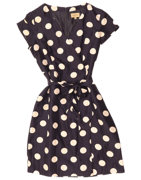 PAUL COSTELLOE Dame A-Line Kjole UK 16 Large Navy Blue Polka Dot Silke