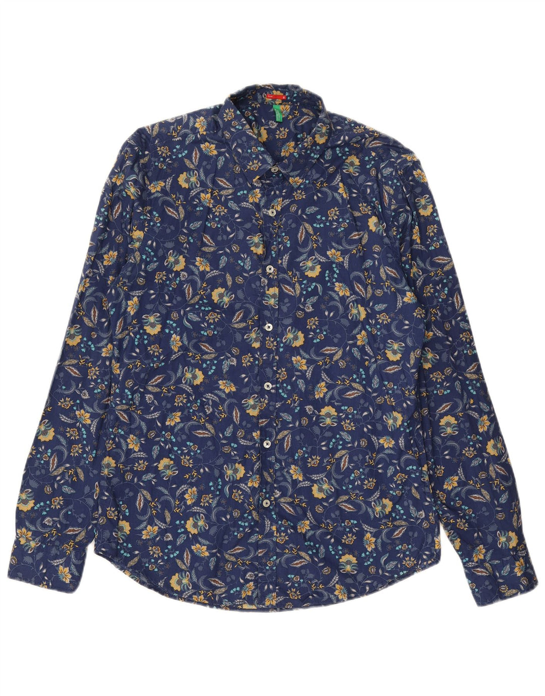 BENETTON Herre Slim Shirt Medium Navy Blue Floral