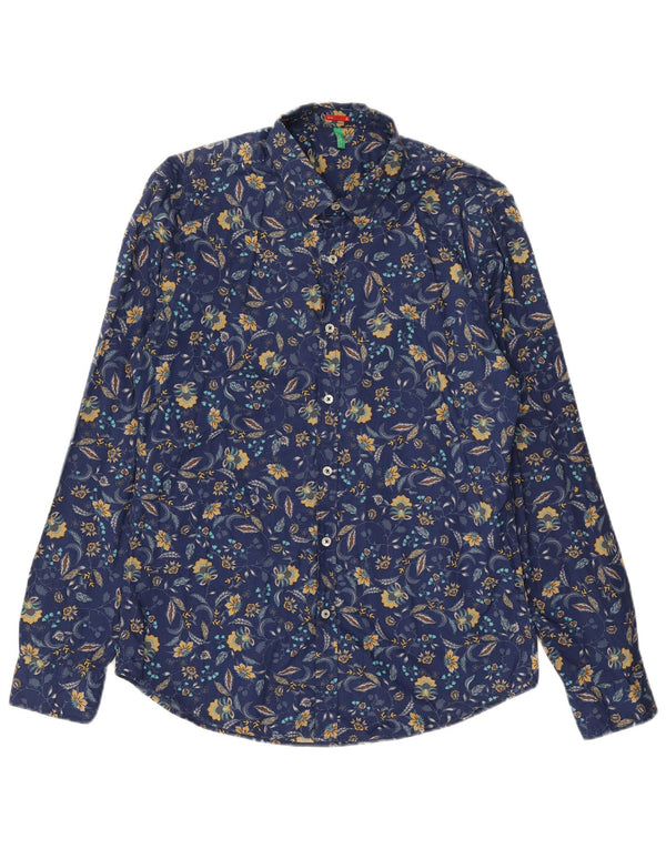 BENETTON Herre Slim Shirt Medium Navy Blue Floral