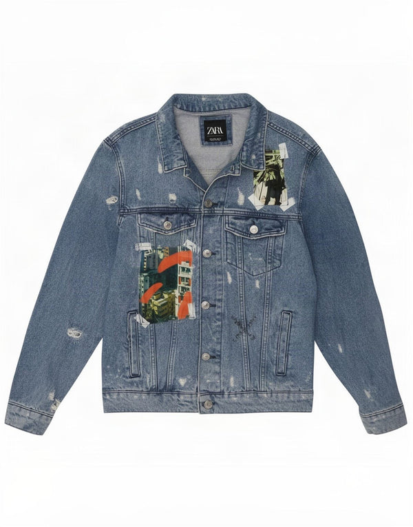 Zara Herre Artist Graphic Distressed Denim Jacket UK 42 Large Blue Patchwork