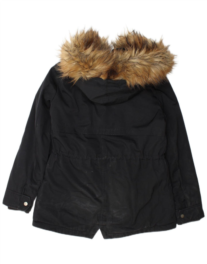 Zara Dame Hooded Parka Jacket UK 14 Medium Black Polyester