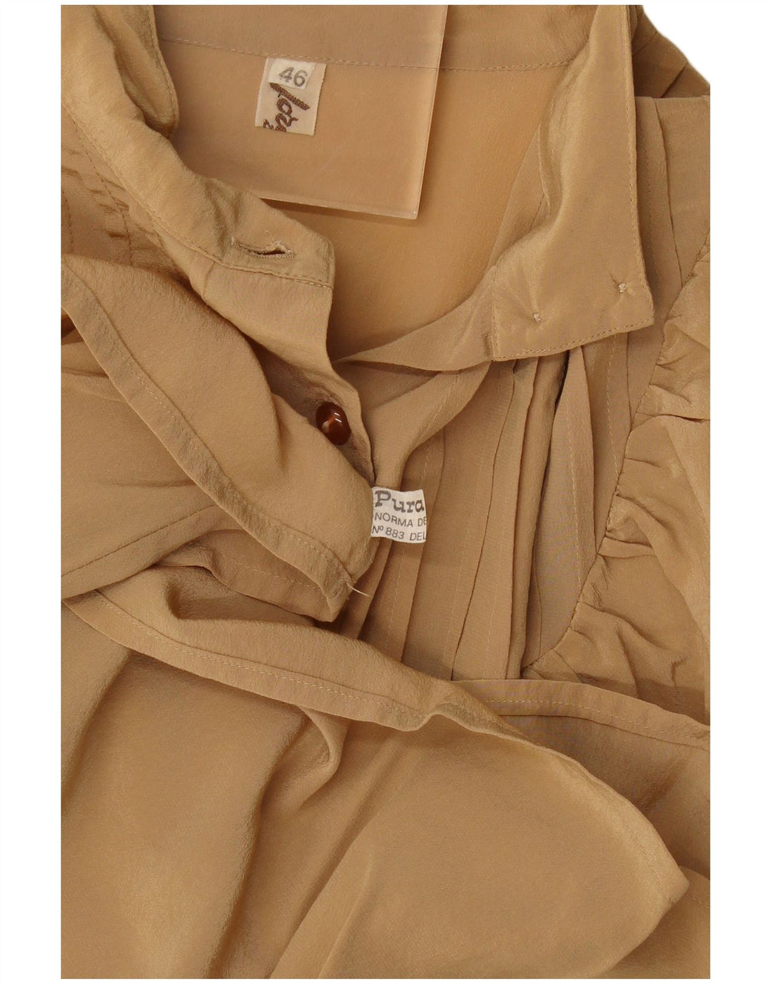Vintage Dame Langærmet Flæse Front Bluse Top IT 46 Stor Beige Silke