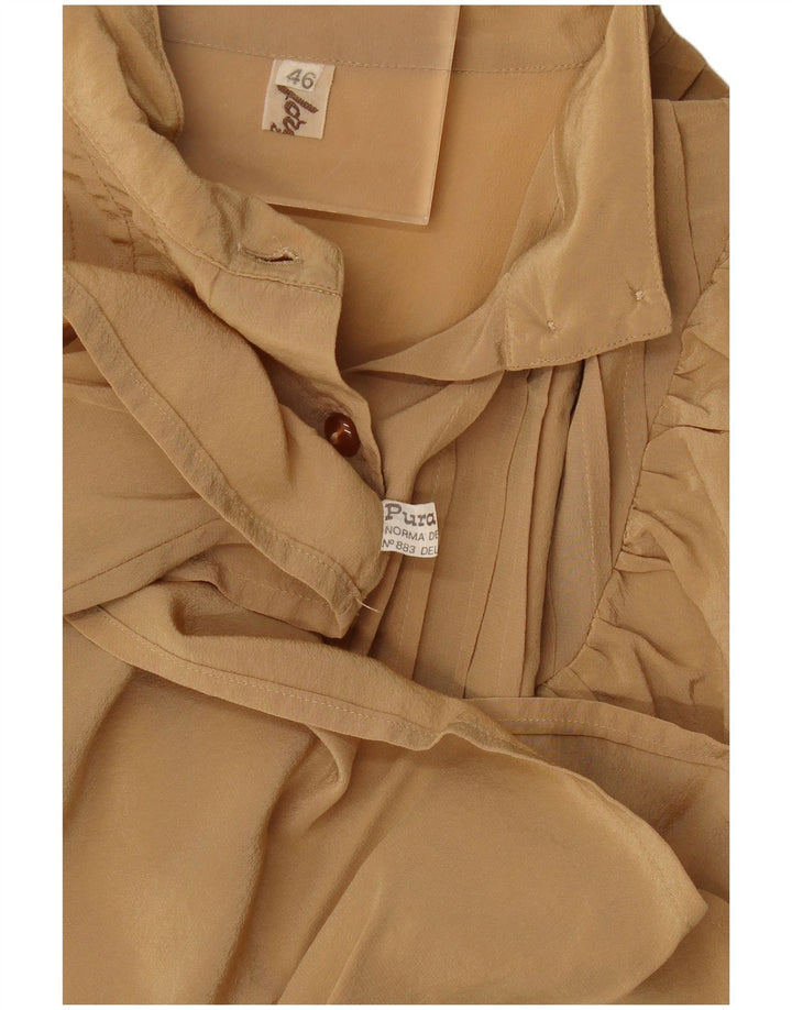 Vintage Dame Langærmet Flæse Front Bluse Top IT 46 Stor Beige Silke