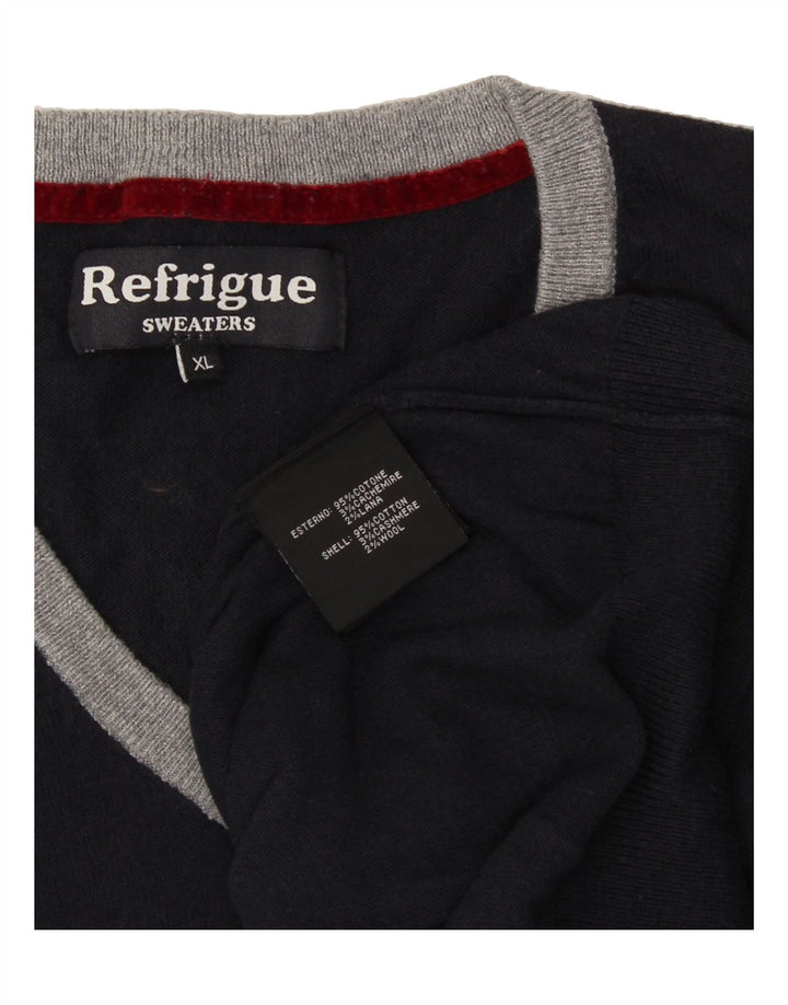 REFRIGUE Mens V-Neck Jumper Sweater XL Navy Blue Cotton Vintage Refrigue and Second-Hand Refrigue from Messina Hembry 