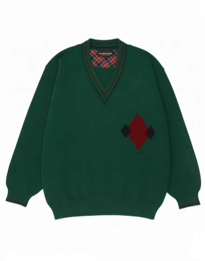 Il Granchio Herre V-hals trøje Sweater Large Grøn Argyle/Diamond Wool