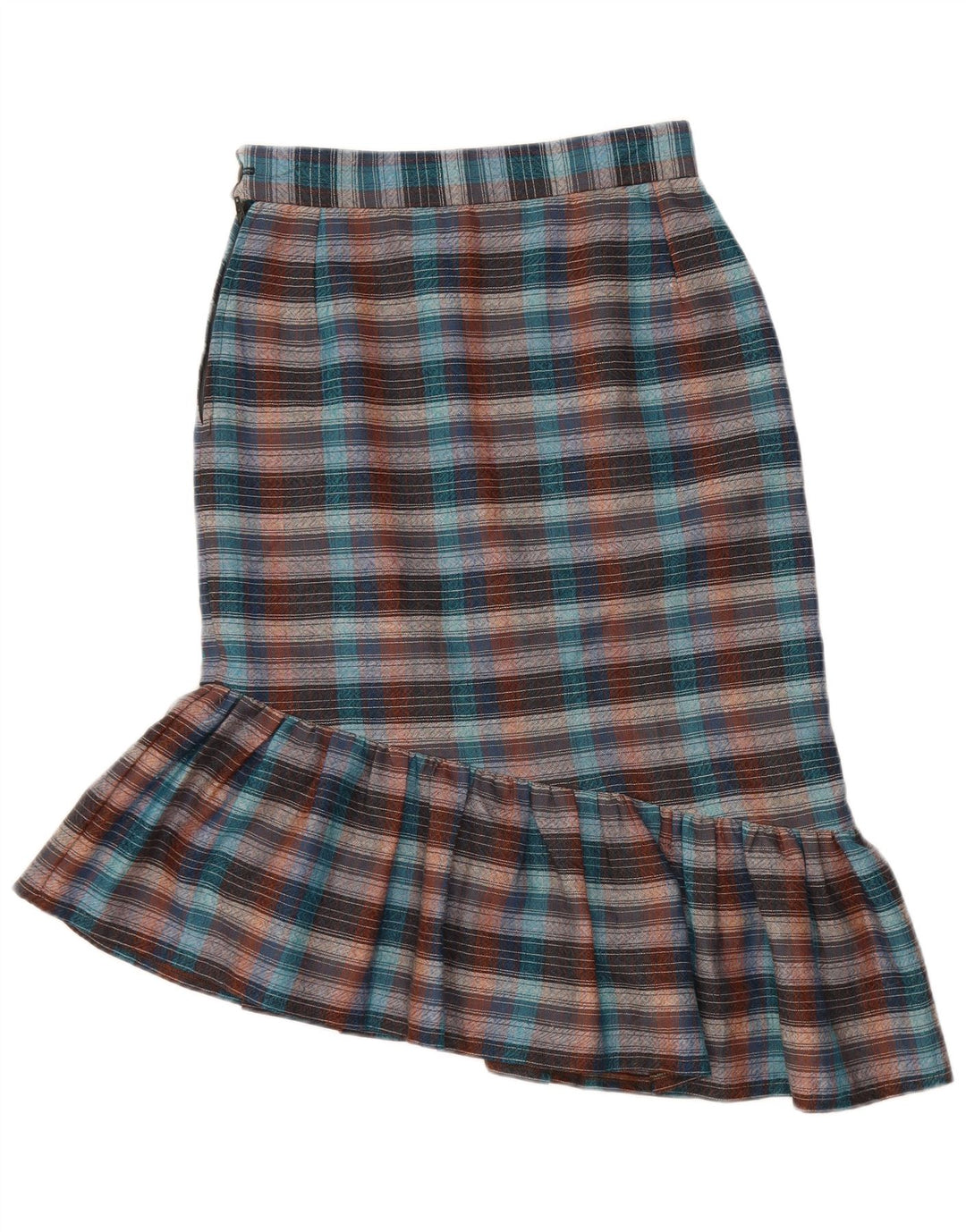 VINTAGE asymmetrisk trompetnederdel til kvinder W26 Lille flerfarvet tern