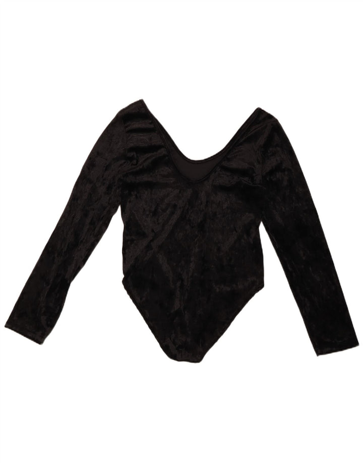 VINTAGE Dame Velour Langærmet Bodysuit UK 10 Small Black Polyester