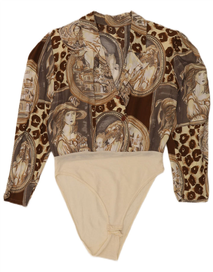 Vintage kvinders abstrakt mønster langærmet bodysuit UK 14 medium brun