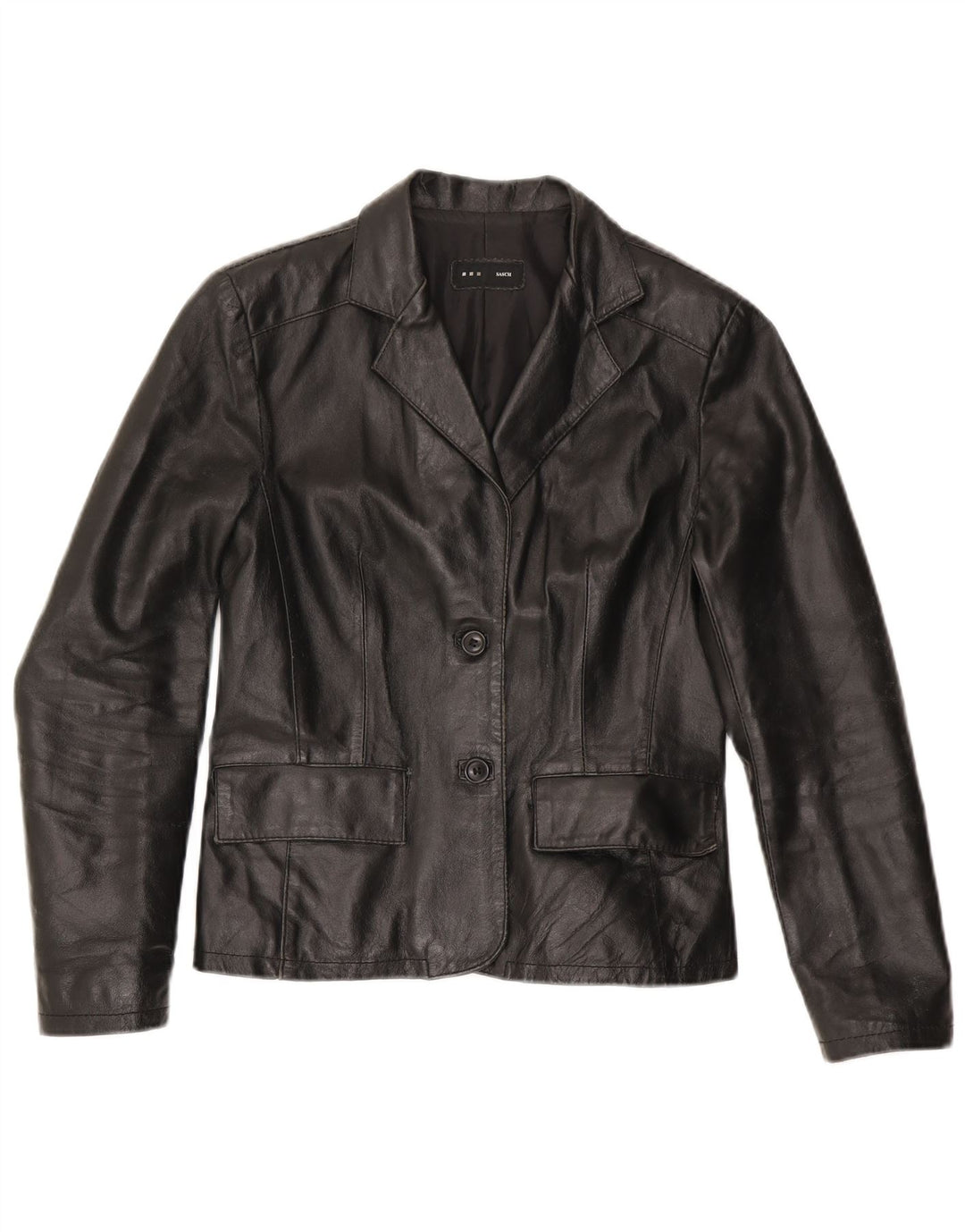 Sasch Dame 2 Button Læder Blazer Jacket UK 10 Small Black Læder