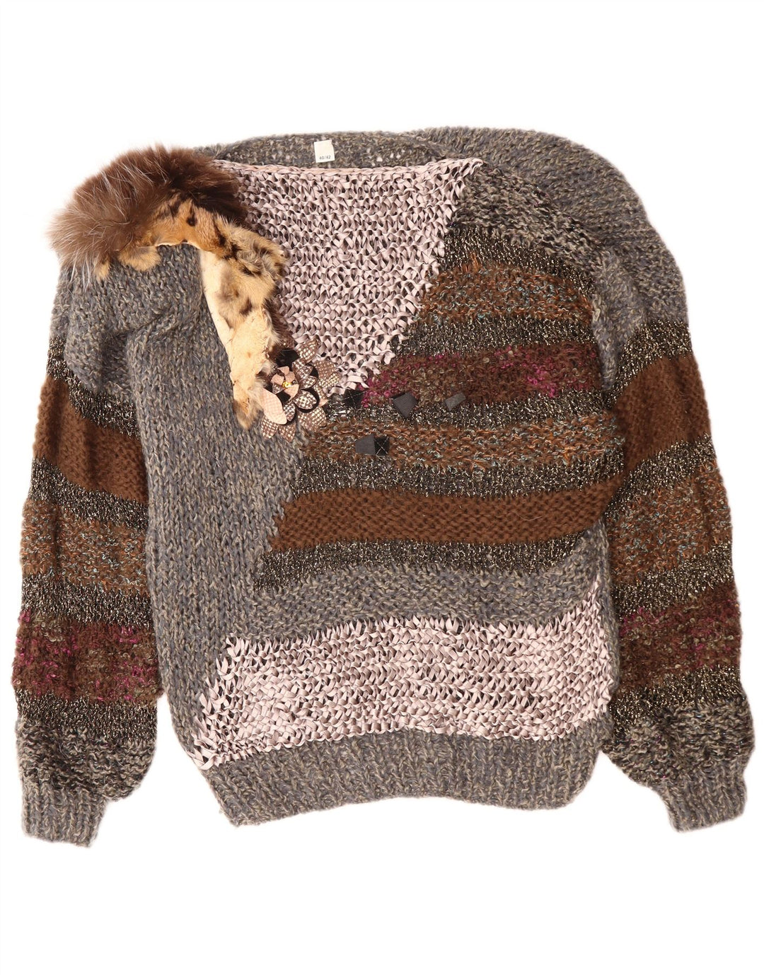 VINTAGE Dame Boat Neck sweater EU 40/42 Medium Grey Colourblock