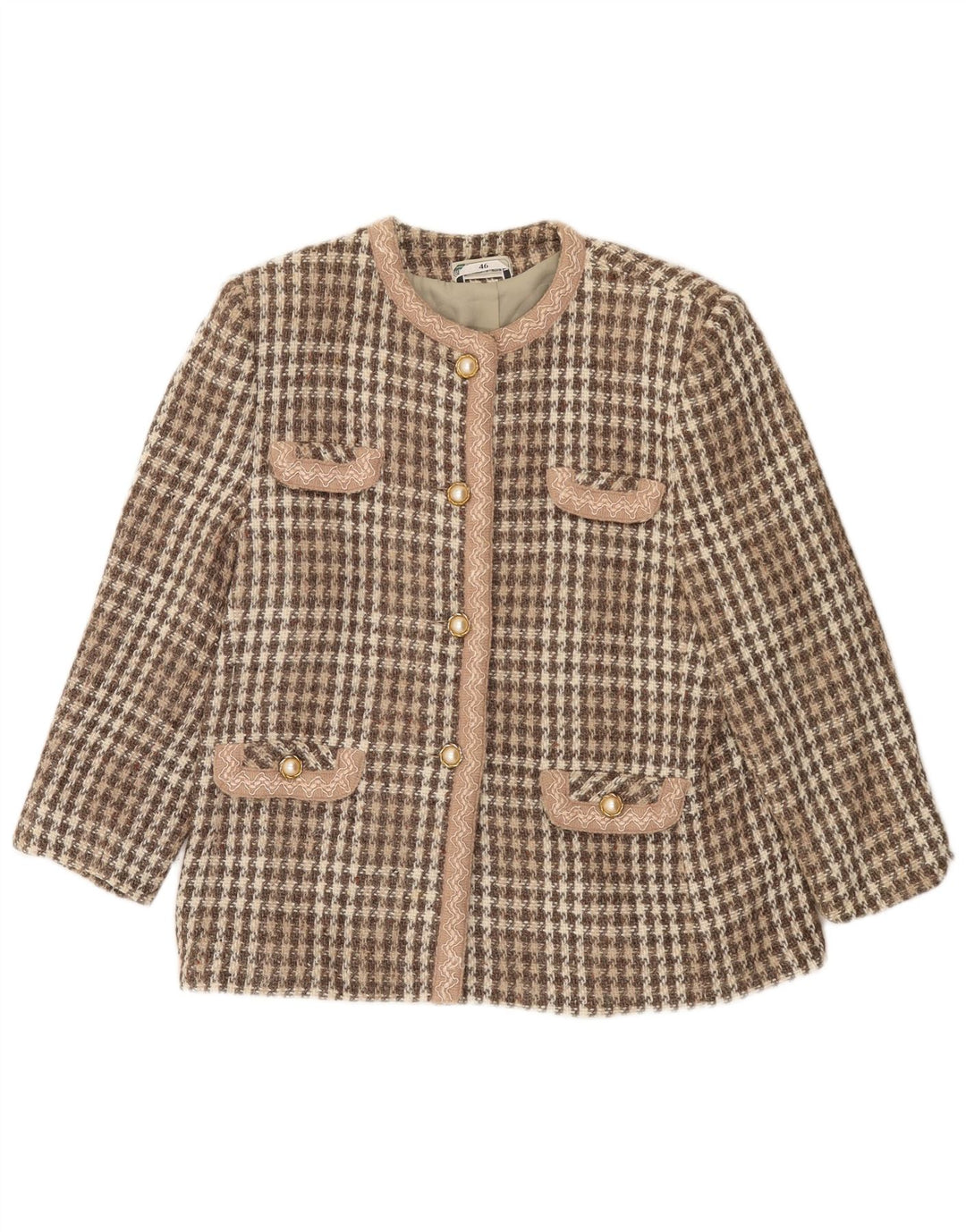 Vintage Dame 4-knaps Blazer Jacket IT 46 Stor Brun Houndstooth