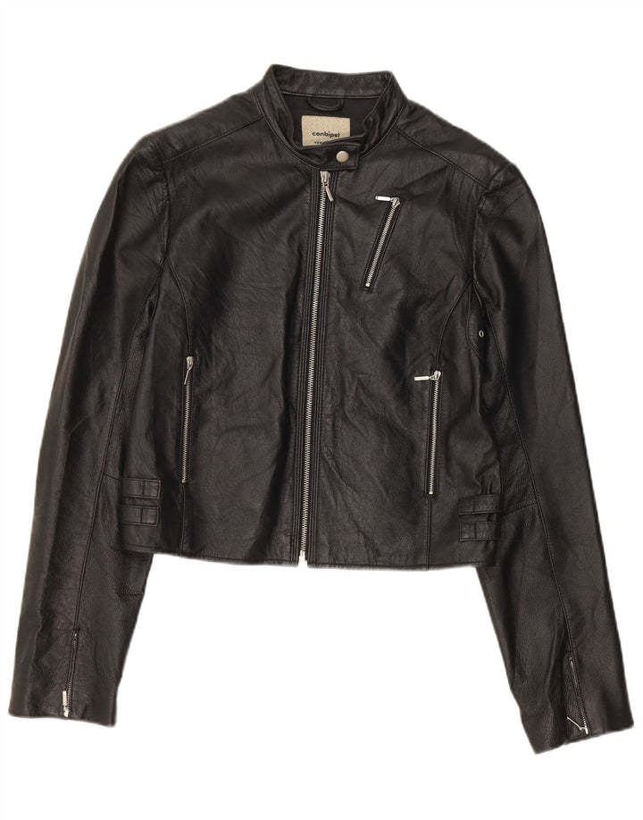Conbipel Womens Crop Læder Biker Jacket IT 44 Medium Sort Læder