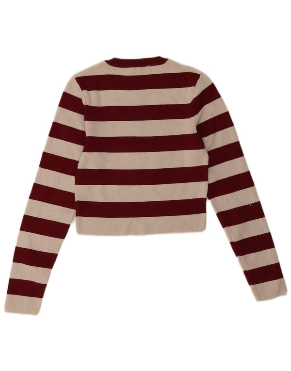 Zara Dame Crop Crew Neck Jumper Sweater UK 12 Medium Burgundy stribet