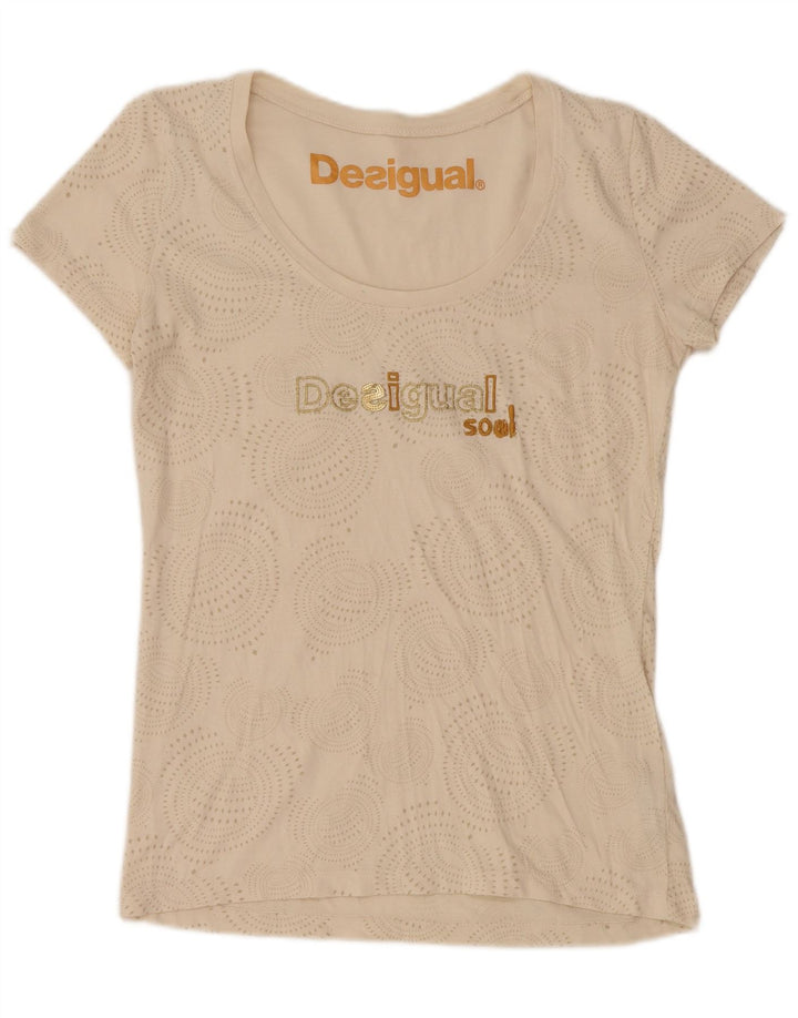 DESIGUAL Grafisk T-shirt top til kvinder UK 14 Stor beige plettet bomuld