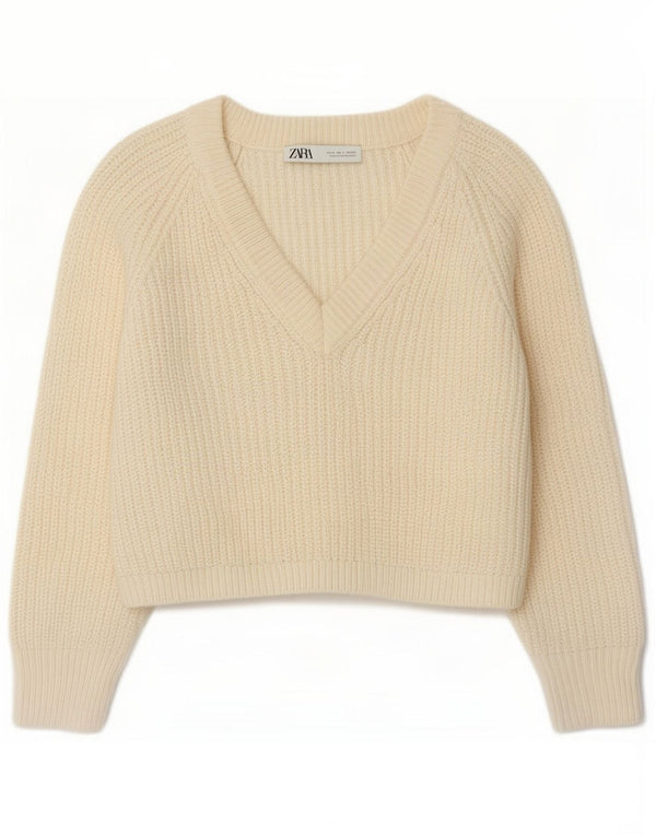 Zara Womens Crop V-hals sweater UK 10 Small Off White Akryl