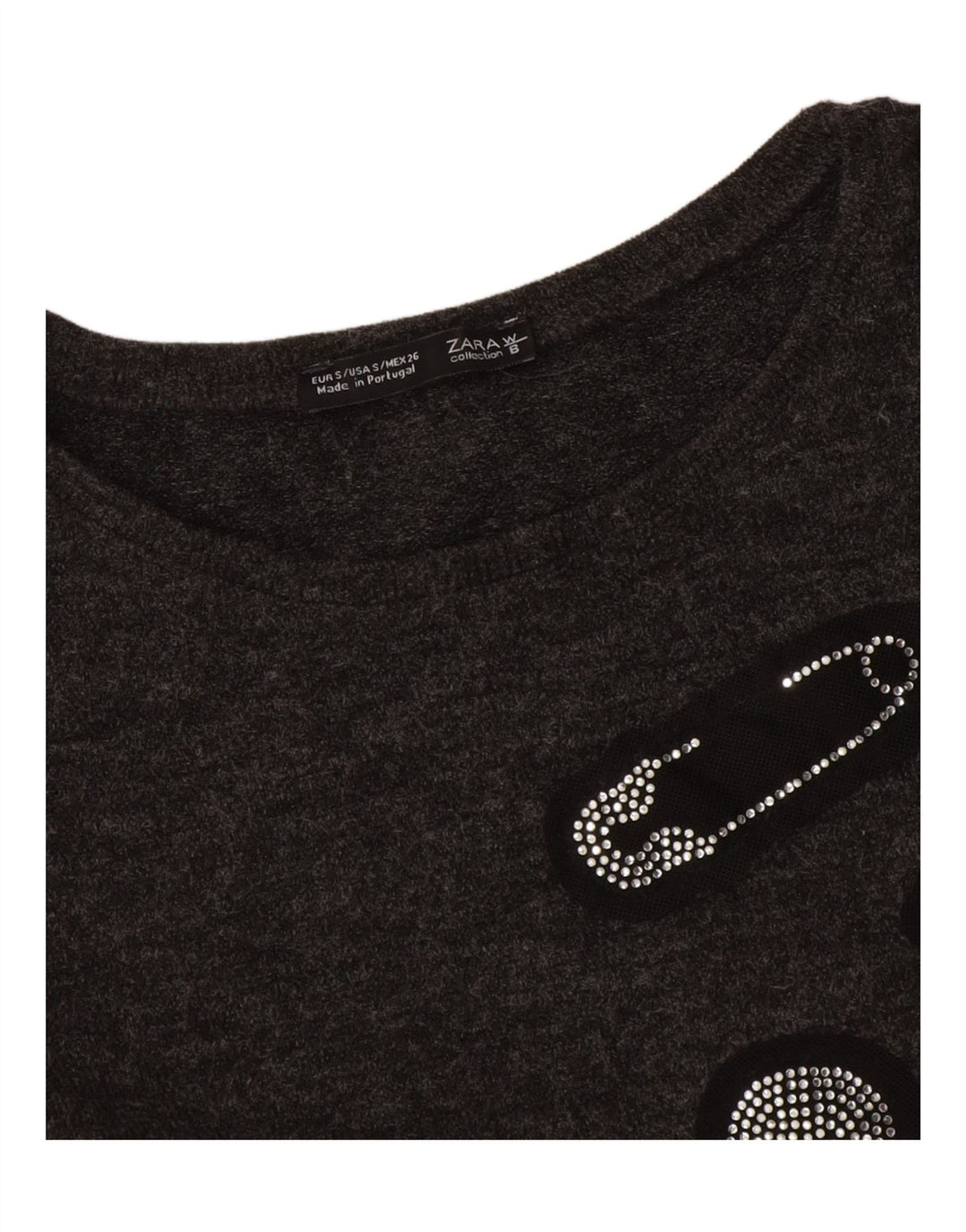 Zara Womens Crop Graphic Top Langærmet UK 10 Small Grey