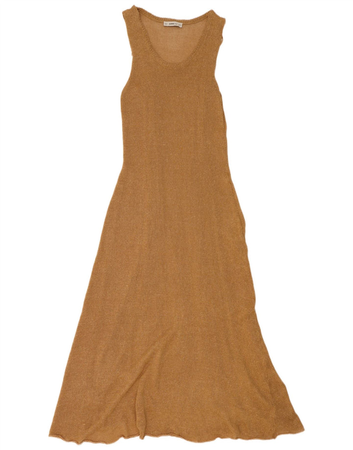 Zara Dame Maxi Ærmeløs Jumper Dress UK 12 Medium Beige Polyester