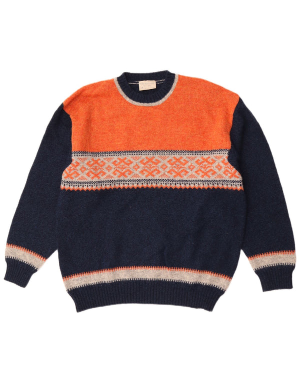 Vintage herre rund hals sweater stor marineblå colourblock uld