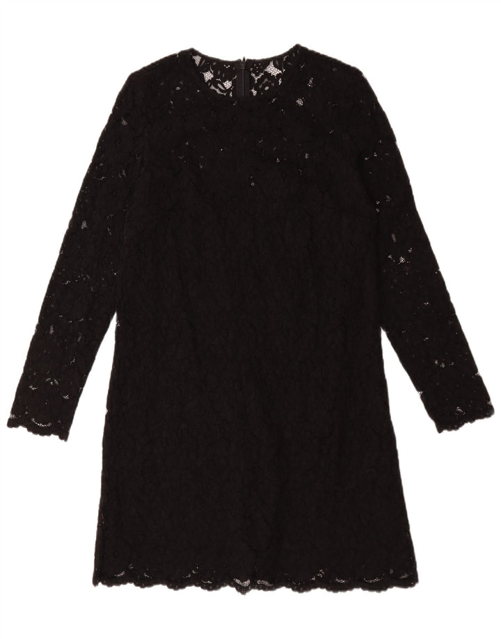 Vintage Dame Langærmet Skift Kjole UK 12 Medium Black Floral Polyester