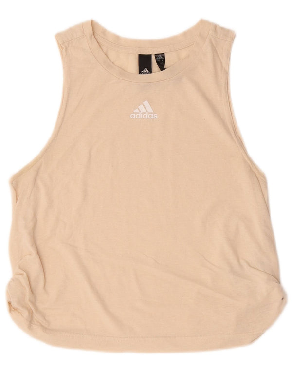 Adidas Dame Crop Grafisk T-Shirt Top UK 10 Small Beige Bomuld